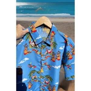 SSLR Christmas Hawaiian Santa Shirt Reindeer Tropical Button Up Blue Mens XL